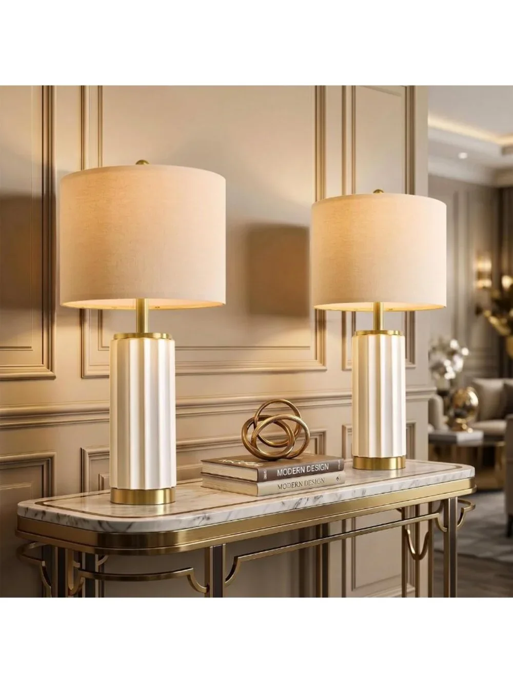 Set of 2 Off-White Mid Century Modern Ceramic Table Lamps, Linen Shade & Gold